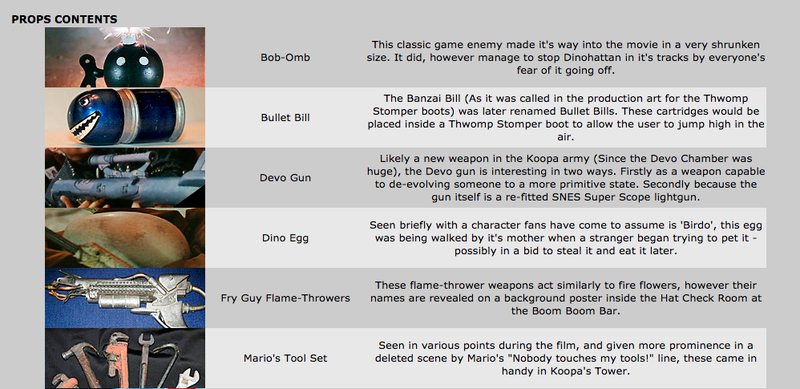 The Super Mario Bros. Movie Archive catalogues every prop, every costume, and every creature in the movie... and has some trivia about each item.